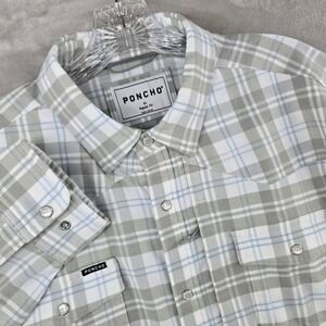 Poncho Flannel Shirt Mens XL Gray White Plaid Western Pearl Snap Regular Fit